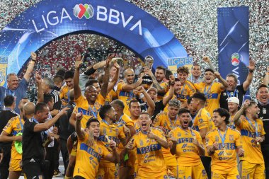 28 Mayıs 2023, Jalisco, Meksika: Nuevo Leon takımından Tigres, MX Ligi Kapanış Turnuvası 'nın yeni şampiyonu olarak Akron stadyumunda poz verişini kutluyor.