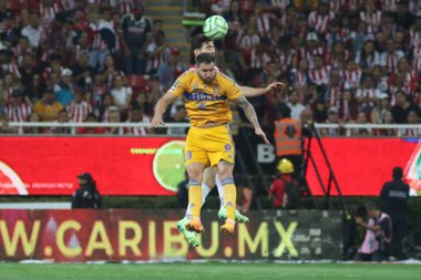 28 Mayıs 2023, Jalisco, Meksika: Nuevo Leon Tigres takımından Andre Pierre Gignac, MX Lig Kapanış Turnuvası 'nın 2023 tarihli ikinci ayak maçında top için mücadele etti.