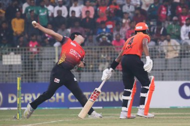 28 January 2023 in Sylhet-Bangladesh: Comilla Victorians team bowler Pakistani cricketer NASEEM SHAH taken 2 wickers on todays match between Comilla Victorians vs Khulna Tigers at Bangladesh Premier League (BPL) tournaments clipart