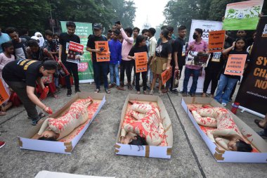 15 Ağustos 2023, Kolkata, Hindistan. Hayvan severler tepsilerde insan eti ve hayvan sömürüsüne karşı fabrika çiftçiliği ve afişlere maruz kalan hayvanların dokunaklı bir görsel temsili ile protesto gösterisi düzenlediler.