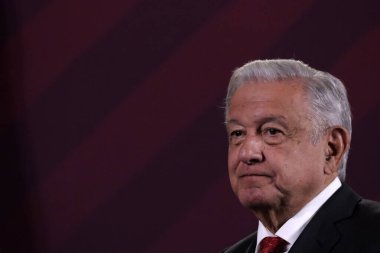14 Ağustos 2023, Mexico City, Meksika: Meksika Başkanı Andres Manuel Lopez Obrador Mexico City 'deki Ulusal Saray' da düzenlenen basın toplantısında