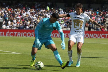 8 Ocak 2023, Mexico City, Meksika: Pumas 'lı Juan Dinenno (R) ve Juarez' li Alfredo Talavera, Puma 'lı Alfredo Talavera kapanış turnuvası 2023 yılında MX Ligi Olimpiyat Stadyumu' nda oynanan kapanış maçında top için mücadele ettiler.