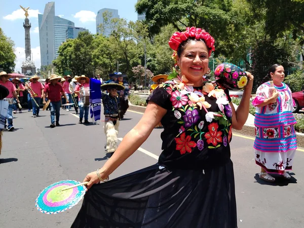 2023年8月9日 墨西哥城 在墨西哥城Reforma大道的土著人民国际日参加Mega Calenda游行的各种土著组织 2023年8月9日在墨西哥城 — 图库照片