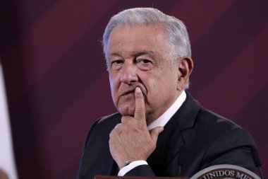 14 Ağustos 2023, Mexico City, Meksika: Meksika Başkanı Andres Manuel Lopez Obrador Mexico City 'deki Ulusal Saray' da düzenlenen basın toplantısında