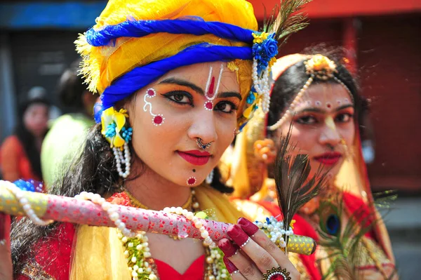 Setembro 2023 Sylhet Bangladesh Jovens Meninas Vestir Como Radha Durante — Fotografia de Stock