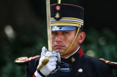 Mexico City, Meksika - 13 Eylül 2023: Chapultepec Kahramanlarının Kahramanlık Kahramanlığı 'nın 176. Yıl dönümü sırasında Kahramanlık Askeri Koleji öğrencisi. 13 Eylül 2023 'te. Mexico City 'de