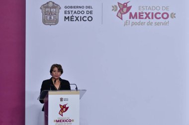 Toluca, Meksika - 13 Eylül 2023: Delfina Gomez Alvarez, Meksika Eyaleti Valisi, hükümet kabinesinin devlet sarayında sunumu sırasında. 13 Eylül 2023, Toluca