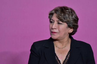 Toluca, Meksika - 13 Eylül 2023: Delfina Gomez Alvarez, Meksika Eyaleti Valisi, hükümet kabinesinin devlet sarayında sunumu sırasında. 13 Eylül 2023, Toluca