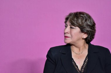 Toluca, Meksika - 13 Eylül 2023: Delfina Gomez Alvarez, Meksika Eyaleti Valisi, hükümet kabinesinin devlet sarayında sunumu sırasında. 13 Eylül 2023, Toluca