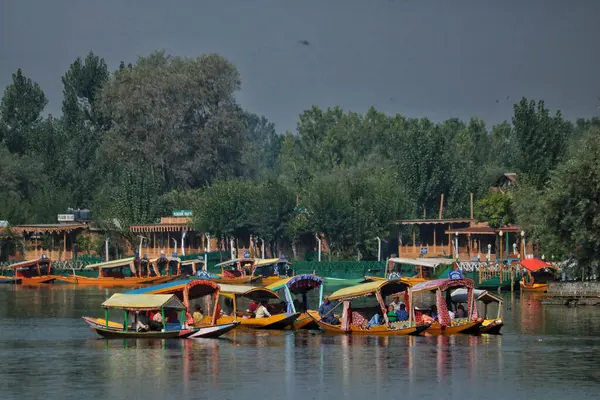 印度斯利那加克什米尔 2023年9月27日 游客们在斯利那加的世界旅游日乘坐小船游览达尔湖 除农业外 旅游业是克什米尔经济的支柱之一 — 图库照片