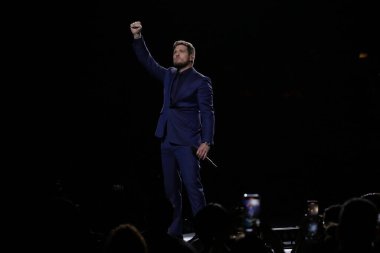 12 Ekim 2023, Mexico City, Meksika: Kanadalı şarkıcı Michael Buble Mexico City Arena 'daki Higher Tour 2023' te sahne aldı.