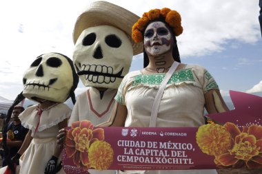 19 Ekim 2023, Mexico City: San Gregorio Atlapulco 'da, Xochimilco belediye başkanlığı ofisinde, Ölüm Günü çerçevesinde, cempasuchil çiçeğinin tarlalarında katrina ya da ölüm olarak tanımlanan bir kadın
