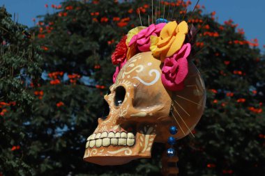 October 20, 2023 in Atlixco, Mexico: A monumental Catrina that was installed as part of the Day of the Dead celebration, is seen in the main square in the municipality of Atlixco clipart