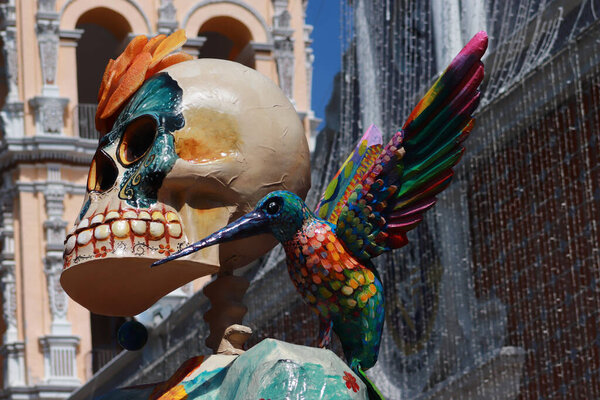October 20, 2023 in Atlixco, Mexico: A monumental Catrina that was installed as part of the Day of the Dead celebration, is seen in the main square in the municipality of Atlixco