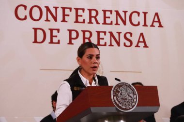 1 Kasım 2023 'te Mexico City, Meksika' da Guerrero Valisi Evelyn Salgado Pineda, Ulusal Saray 'da gazetecilerin önünde Andres Manuel Lopez Obrador brifingi sırasında konuşma yaptı.