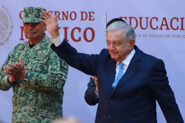 stock image November 7, 2023 in Mexico City, Mexico. The president of Mexico, Andres Manuel Lopez Obrador speaks  during the ceremony of the flag-waving of the Mexican team that will compete in the Parapan American Games in Santiago de Chile 2023