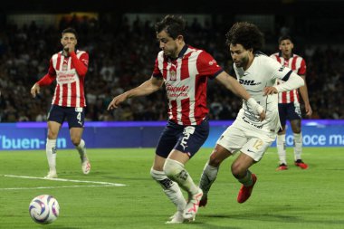 11 Kasım 2023, Mexico City, Meksika: Chivas 'tan Çar Huerta ve Chivas' tan Alan Mozo, MX Ligi 'nden Chivas de Guadalajara maçında topa karşı mücadele ettiler.