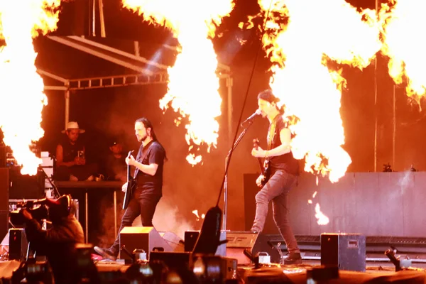 stock image November 8, 2023 in Mexico City, Mexico. Christian Andreu member of the french death metal band 'Gojira' performs during the  Mega Monsters tour concert at the Olympic velodrome