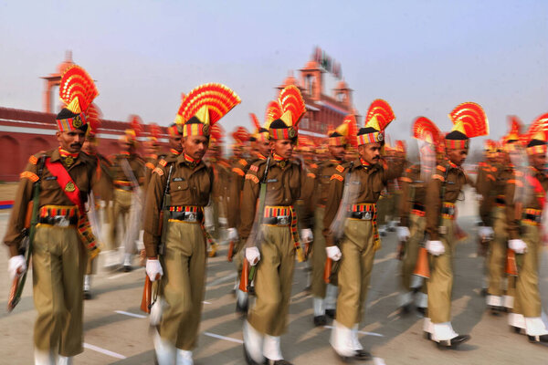 November 09,2023, Srinagar Kashmir, India : New recruits of the Indian Border Security Force (BSF) march as they take part during a passing out parade in Humhama, on the outskirts of Srinagar