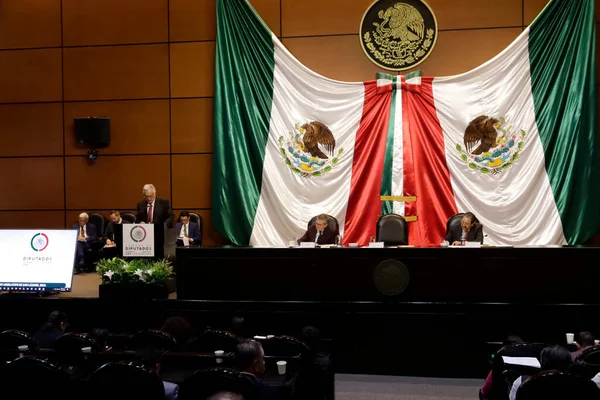 stock image November 14, 2023, Mexico City, Mexico: The director of the Federal Electricity Commission, Manuel Barttlet appears before the presidents of the Energy Commission, Manuel Rodriguez and of the Infrastructure Commission, Reginaldo Saldoval