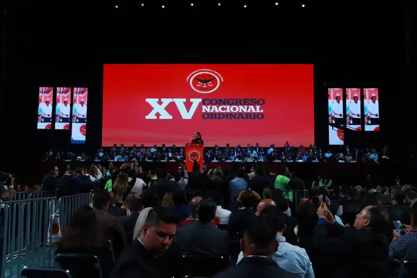 stock image November 15, 2023 in Mexico City, Mexico: The Transformation Defense Coordinator, Claudia Sheinbaum Pardo, speaks during  the XV Congress of the Autonomous Confederation of Workers and Employees of Mexico (CATEM)