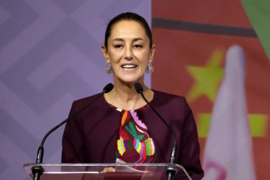19 Kasım 2023, Mexico City, Meksika: Claudia Sheinbaum Pardo, Meksika Ulusal Yenilenme Hareketi Partisi, İşçi Partisi ve Yeşiller Partisi tarafından Meksika başkanlığı için tek ön aday olarak kaydedildi.