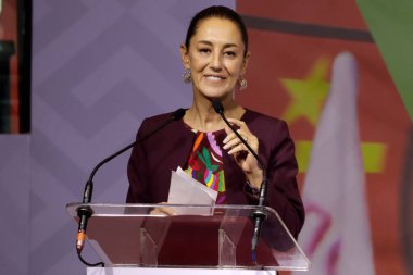 19 Kasım 2023, Mexico City, Meksika: Claudia Sheinbaum Pardo, Meksika Ulusal Yenilenme Hareketi Partisi, İşçi Partisi ve Yeşiller Partisi tarafından Meksika başkanlığı için tek ön aday olarak kaydedildi.