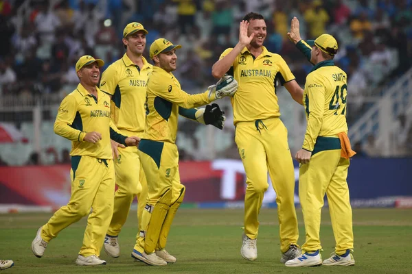 stock image October 16, 2023, Kolkata ,India: Josh Hazlewood of Australia celebrates with teammates during the semifinal match between Australia and South Africa of the ICC Men's Cricket World Cup at Eden Gardens Stadium