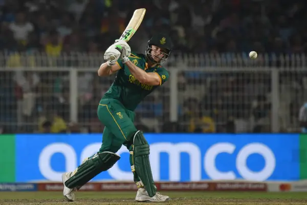stock image October 16, 2023, Kolkata ,India: David Miller  of South Africa plays a shot against Australia during the semifinal match between Australia and South Africa of the ICC Men's Cricket World Cup at Eden Gardens Stadium
