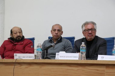 23 Kasım 2023, Mexico City, Meksika karikatürist Kemchs, karikatürist Obi ve Mtro. Manuel Quijano Torres, 