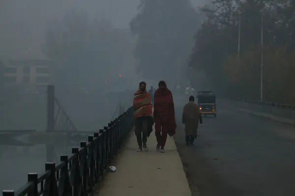 2023年11月23日 印度斯利那加克什米尔 人们在斯利那加的一个雾蒙蒙的早晨沿路行走 克什米尔经历了多雾和寒冷的天气 斯利那加记录了季节最冷的夜晚 气温为负1 8摄氏度 — 图库照片