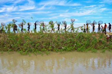 28 Kasım 2023 Sylhet-Bangladeş: Bambu balık tuzakları ve Net ile donatılmış kırsal insanlar, Sylhet 'in Kanaighat upazila birliğinin jofra beel' inde 200 yıllık bir kış balıkçılık festivalinde yer alıyorlar.
