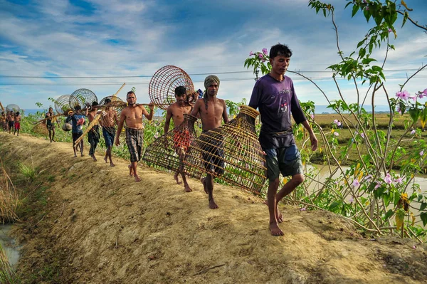 Kasım 2023 Sylhet Bangladeş Bambu Balık Tuzakları Net Ile Donatılmış — Stok fotoğraf