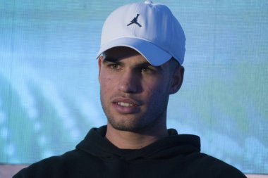 28 Kasım 2023, Mexico City, Meksika: İspanya 'dan Carlos Alcaraz, Hayat Regency Hotel' de Tennisfest GNP 2023 öncesinde basın toplantısında basın mensuplarına konuştu