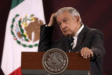 4 Aralık 2023, Mexico City, Meksika Başkanı Andres Manuel Lopez Obrador Mexico City 'deki Ulusal Saray' da düzenlenen basın toplantısında