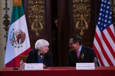 7 Aralık 2023. Mexico City, Meksika. Janet Yelllen, Birleşik Devletler Hazine Bakanı ve Rogelio Ramrez de la O, Meksika Maliye ve Kamu Kredi Bakanı.