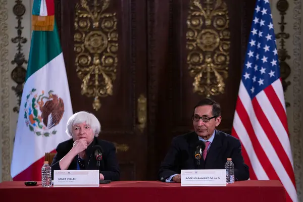 stock image December 7, 2023. Mexico City, Mexico. Janet Yelllen, Secretary of the Treasury of the United States and Rogelio Ramrez de la O, Mexican Secretary of Finance and Public Credit