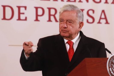 13 Aralık 2023 'te Mexico City, Meksika' da Meksika Başkanı Andres Manuel Lopez Obrador, Ulusal Saray 'da basın önünde basın toplantısı düzenledi.
