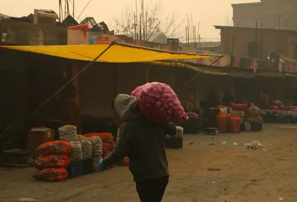 Dezember 2023 Srinagar Kaschmir Indien Ein Verkäufer Arrangiert Zwiebeln Auf — Stockfoto