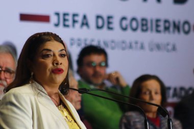 17 Aralık 2023 'te Mexico City, Meksika' da Meksika hükümetinin başkanı Clara Brugada Molina için Morena, PT ve PVM ittifakının tek ön adayı Mexico City Hilton Hotel 'deki kampanya danışmanlık konseyini duyurur.