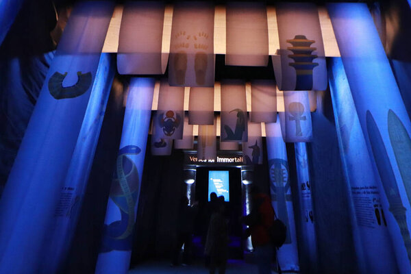 December 18, 2023 in Mexico City, Mexico: People take a tour of the exhibition 'Beyond Tutankhamun, the immersive experience', which reconstructs the tomb and treasures of Pharaoh Tutankhamun