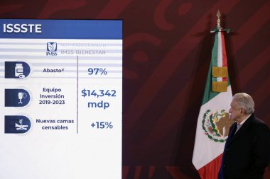 19 Aralık 2023, Mexico City, Meksika Başkanı Andres Manuel Lopez Obrador Mexico City 'deki Ulusal Saray' da düzenlenen basın toplantısında