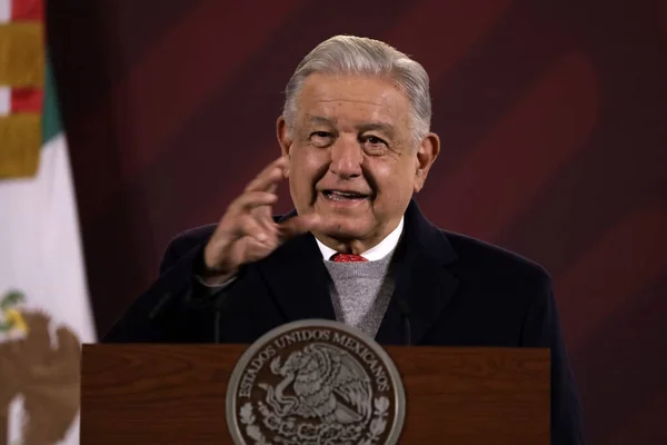 stock image December 19, 2023, Mexico City, Mexico: The president of Mexico, Andres Manuel Lopez Obrador at the press conference at the National Palace in Mexico City