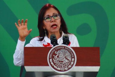 20 Aralık 2023, Acapulco, Meksika: Leticia Ramrez, Devlet Eğitim Bakanı Meksika Cumhurbaşkanı Lopez Obrador brifing konferansında konuştu