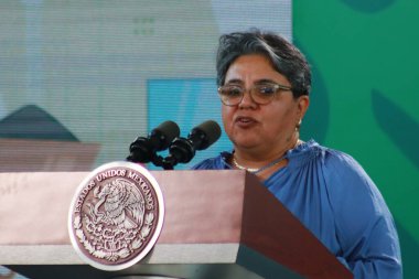 20 Aralık 2023, Acapulco, Meksika: Raquel Buenrostro, Ekonomi Bakanı Meksika Başkanı Lopez Obrador brifing konferansı sırasında konuştu