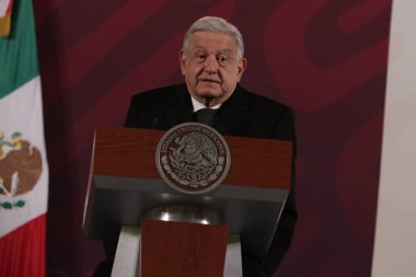 21 Aralık 2023, Mexico City, Meksika: Meksika Başkanı Andres Manuel Lopez Obrador, Ulusal Saray 'daki günlük brifing sırasında yaptığı konuşmada