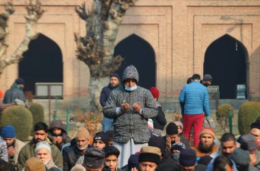 January 12, 2024, Srinagar Kashmir, India : Kashmiris offer special prayers in the compound of Jamia Masjid or Grand Mosque in Srinagar. Special congregational prayers known as 