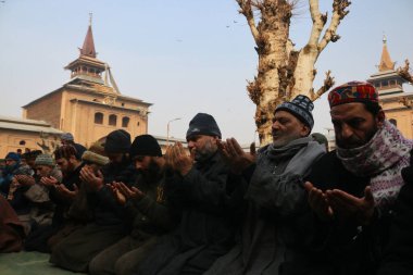 January 12, 2024, Srinagar Kashmir, India : Kashmiris offer special prayers in the compound of Jamia Masjid or Grand Mosque in Srinagar. Special congregational prayers known as 