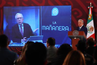 17 Ocak 2024 Mexico City 'de Meksika Cumhurbaşkanı Andrs Manuel Lpez Obrador 17 Ocak 2023' te Mexico City, Mexico City 'deki ulusal sarayda gazetecilerin önünde bir konuşma yaptı.