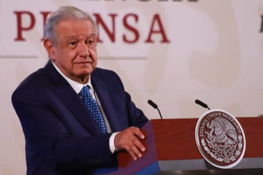 17 Ocak 2024 Mexico City 'de Meksika Cumhurbaşkanı Andrs Manuel Lpez Obrador 17 Ocak 2023' te Mexico City, Mexico City 'deki ulusal sarayda gazetecilerin önünde bir konuşma yaptı..